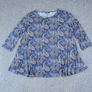 Veranee Boho Paisley Tunic Top Women 2XL Blue Brown‎ 3/4 Sleeve A-Line Blouse